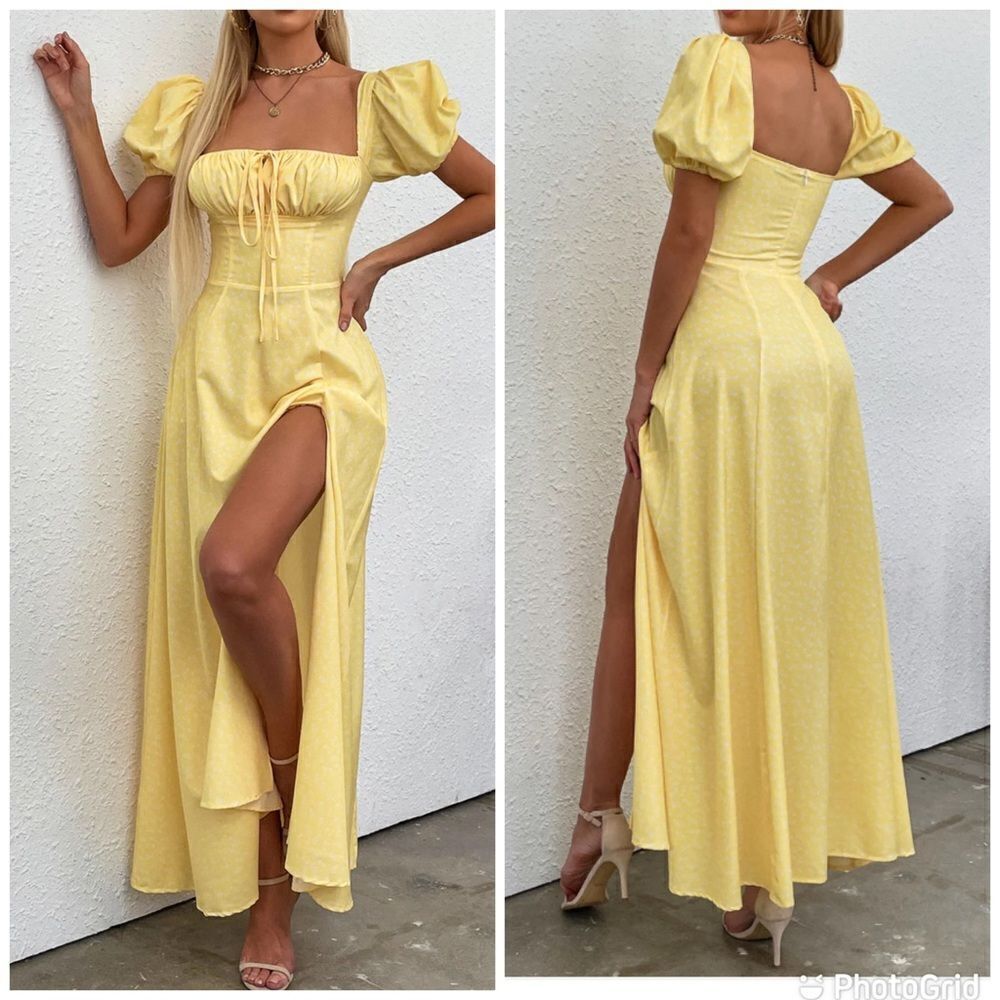 Yellow Maxi Dress with Puff Sleeves and Thigh Slit
